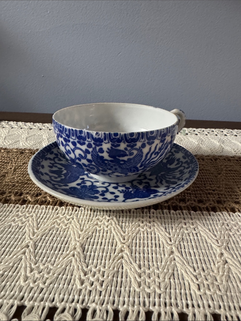 Vintage Blue and White Porcelain Phoenix Teacup with Saucer